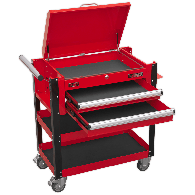 Sealey AP760M Superline PRO® Heavy-Duty Mobile Tool & Parts Trolley with Lockable Top & 2 Drawers - Red - AP760M - Sealey Tools UK - Trade Counter Direct