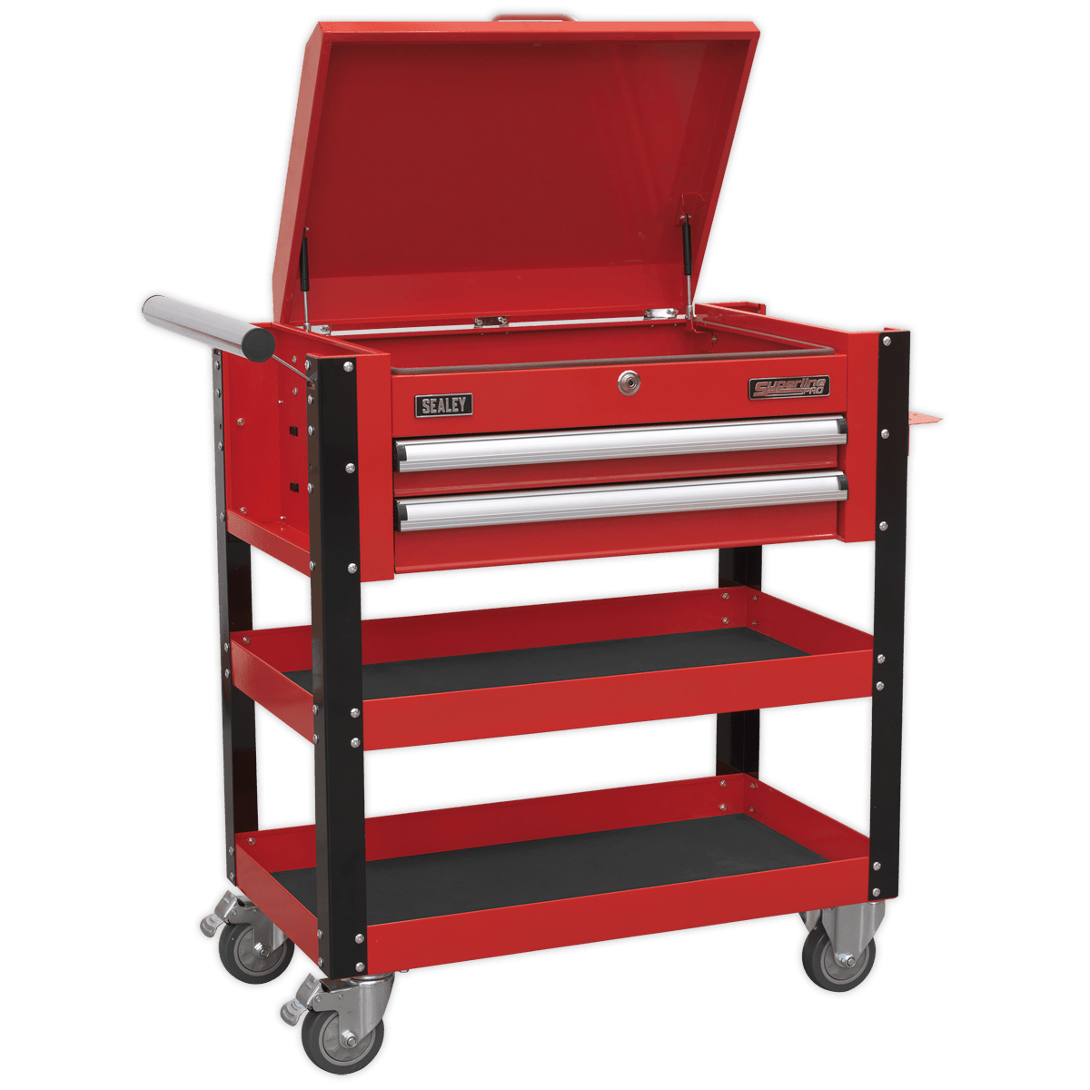 Sealey AP760M Superline PRO® Heavy-Duty Mobile Tool & Parts Trolley with Lockable Top & 2 Drawers - Red - AP760M - Sealey Tools UK - Trade Counter Direct