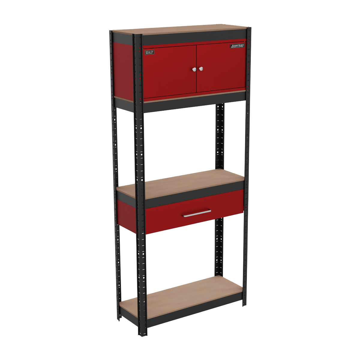 Sealey AP830R Shelving Unit 4-Tier with Cupboard & Drawer - AP830R - Sealey Tools UK - Trade Counter Direct