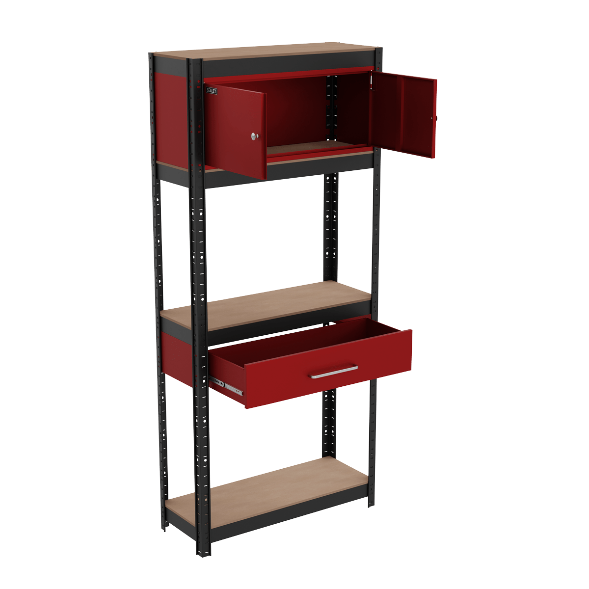 Sealey AP830R Shelving Unit 4-Tier with Cupboard & Drawer - AP830R - Sealey Tools UK - Trade Counter Direct