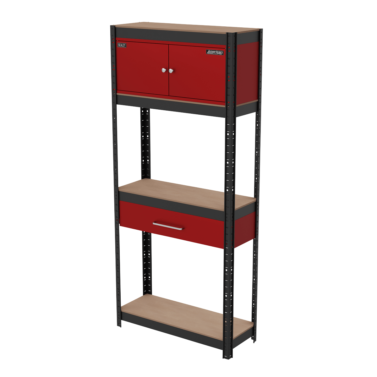 Sealey AP830R Shelving Unit 4-Tier with Cupboard & Drawer - AP830R - Sealey Tools UK - Trade Counter Direct