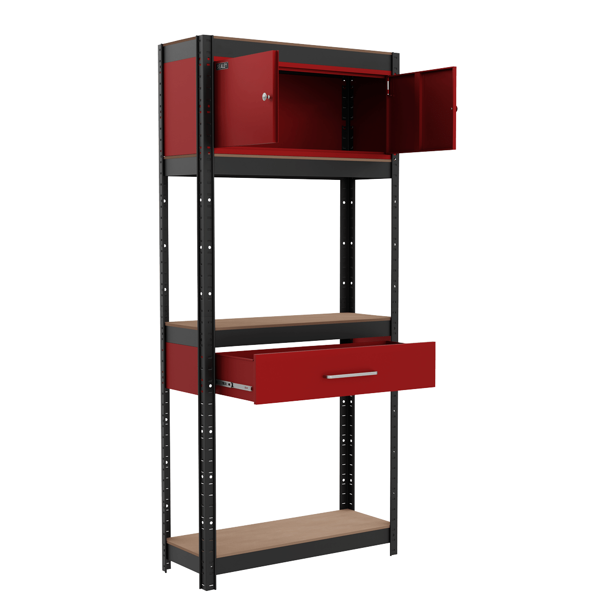Sealey AP830R Shelving Unit 4-Tier with Cupboard & Drawer - AP830R - Sealey Tools UK - Trade Counter Direct