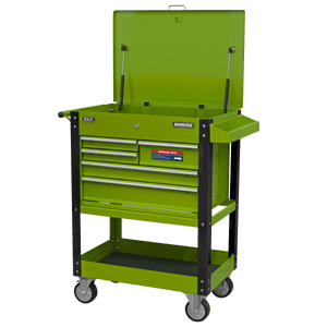 Sealey AP890MHV Superline PRO® Heavy-Duty Mobile Tool & Parts Trolley with 5 Drawers and Lockable Top - Hi-Vis Green - AP890MHV - Sealey Tools UK - Trade Counter Direct