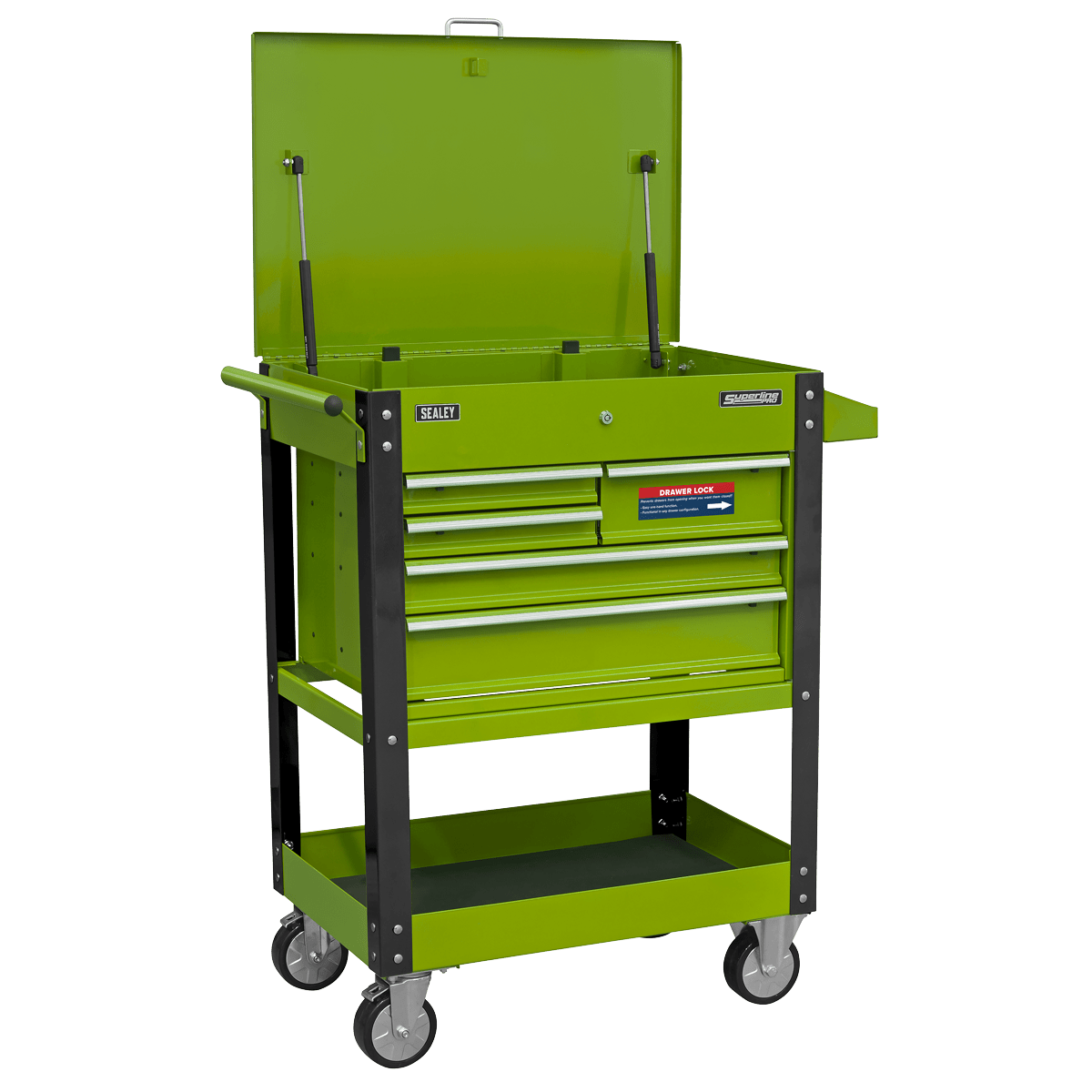 Sealey AP890MHV Superline PRO® Heavy-Duty Mobile Tool & Parts Trolley with 5 Drawers and Lockable Top - Hi-Vis Green - AP890MHV - Sealey Tools UK - Trade Counter Direct