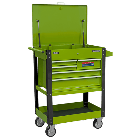 Sealey AP890MHV Superline PRO® Heavy-Duty Mobile Tool & Parts Trolley with 5 Drawers and Lockable Top - Hi-Vis Green - AP890MHV - Sealey Tools UK - Trade Counter Direct