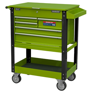 Sealey AP890MHV Superline PRO® Heavy-Duty Mobile Tool & Parts Trolley with 5 Drawers and Lockable Top - Hi-Vis Green - AP890MHV - Sealey Tools UK - Trade Counter Direct