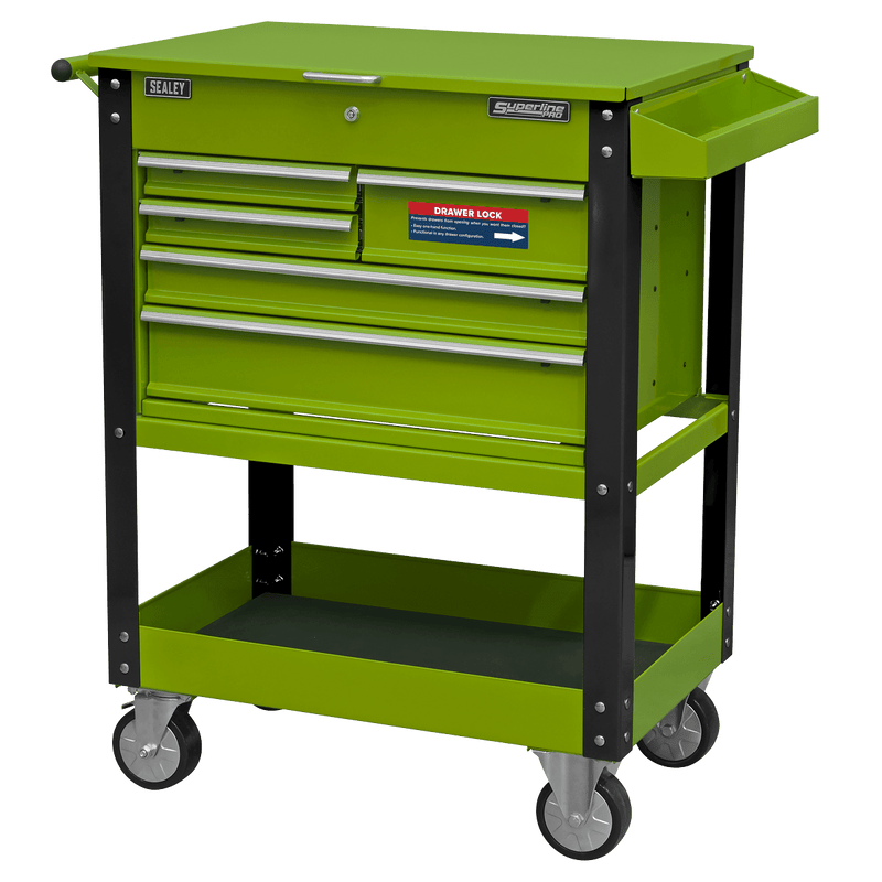 Sealey AP890MHV Superline PRO® Heavy-Duty Mobile Tool & Parts Trolley with 5 Drawers and Lockable Top - Hi-Vis Green - AP890MHV - Sealey Tools UK - Trade Counter Direct