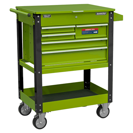 Sealey AP890MHV Superline PRO® Heavy-Duty Mobile Tool & Parts Trolley with 5 Drawers and Lockable Top - Hi-Vis Green - AP890MHV - Sealey Tools UK - Trade Counter Direct