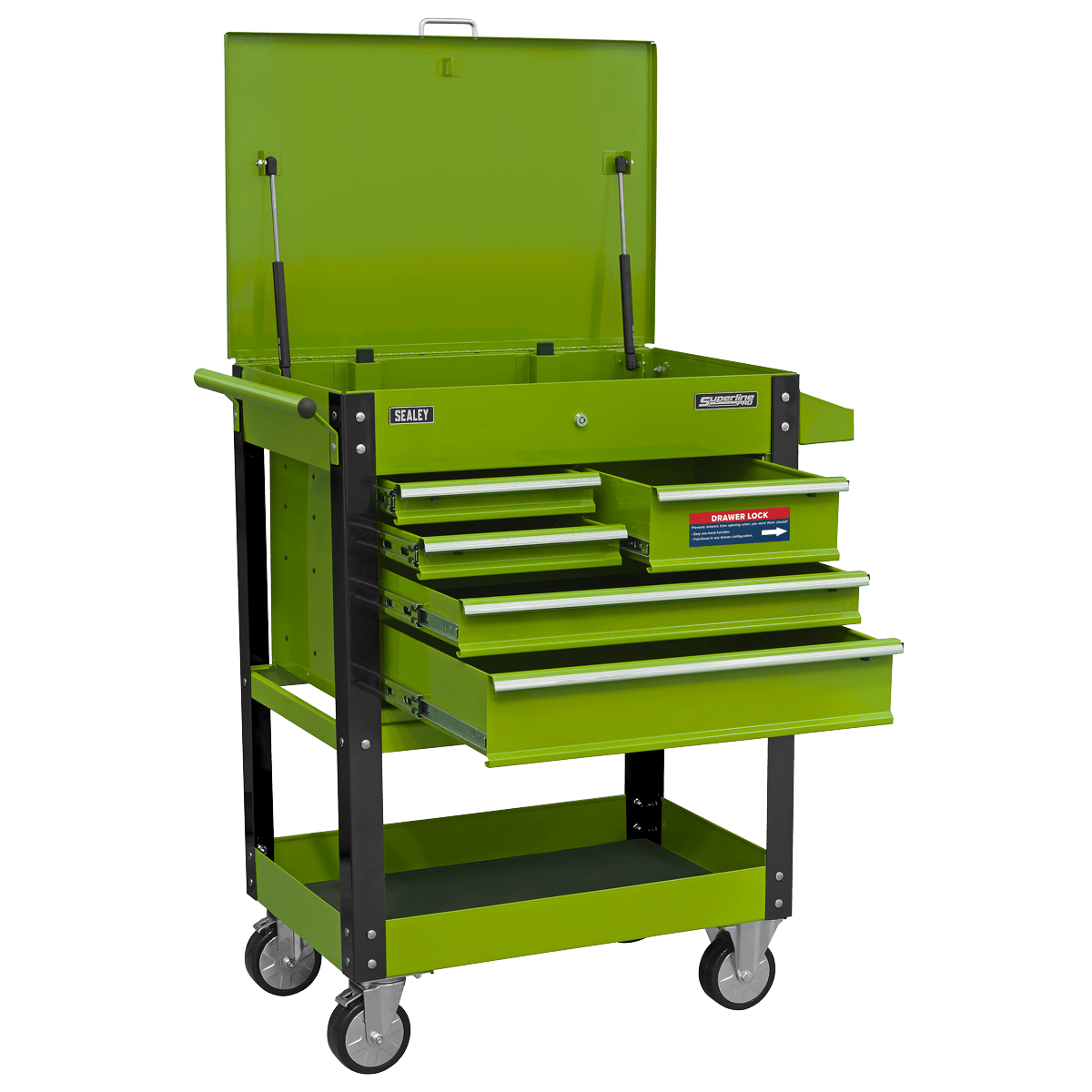 Sealey AP890MHV Superline PRO® Heavy-Duty Mobile Tool & Parts Trolley with 5 Drawers and Lockable Top - Hi-Vis Green - AP890MHV - Sealey Tools UK - Trade Counter Direct