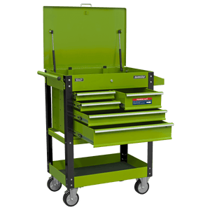 Sealey AP890MHV Superline PRO® Heavy-Duty Mobile Tool & Parts Trolley with 5 Drawers and Lockable Top - Hi-Vis Green - AP890MHV - Sealey Tools UK - Trade Counter Direct