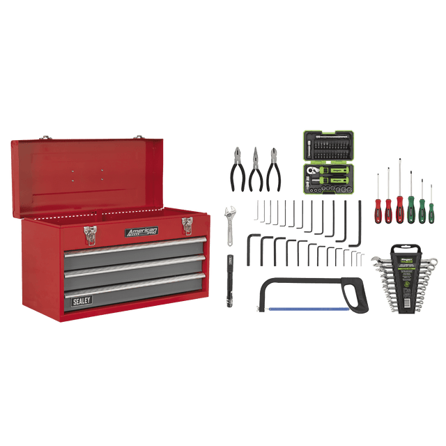 Sealey AP9243BBCOMBO American PRO® Tool Chest 3 Drawer with 93pc Tool Kit - Red/Grey - AP9243BBCOMBO - Sealey Tools UK - Trade Counter Direct