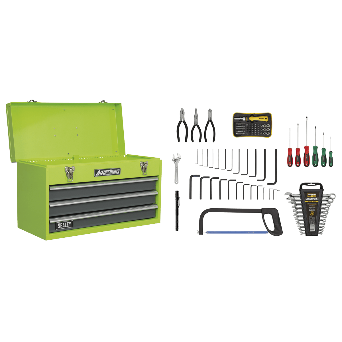 Sealey AP9243BBHVCOM American PRO® Tool Chest 3 Drawer with 93pc Tool Kit - AP9243BBHVCOM - Sealey Tools UK - Trade Counter Direct