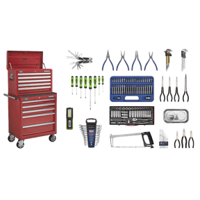 Sealey APCOMBOBBTK55 Superline PRO® Topchest & Rollcab Combination 10 Drawer with 148pc Tool Kit - Red - APCOMBOBBTK55 - Sealey Tools UK - Trade Counter Direct