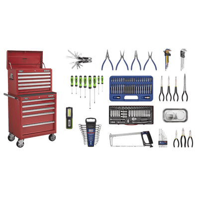 Sealey APCOMBOBBTK55 Superline PRO® Topchest & Rollcab Combination 10 Drawer with 148pc Tool Kit - Red - APCOMBOBBTK55 - Sealey Tools UK - Trade Counter Direct