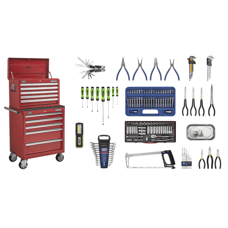 Sealey APCOMBOBBTK55 Superline PRO® Topchest & Rollcab Combination 10 Drawer with 148pc Tool Kit - Red - APCOMBOBBTK55 - Sealey Tools UK - Trade Counter Direct