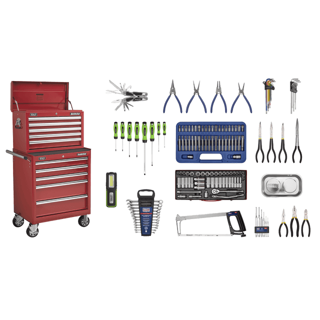 Sealey APCOMBOBBTK55 Superline PRO® Topchest & Rollcab Combination 10 Drawer with 148pc Tool Kit - Red - APCOMBOBBTK55 - Sealey Tools UK - Trade Counter Direct