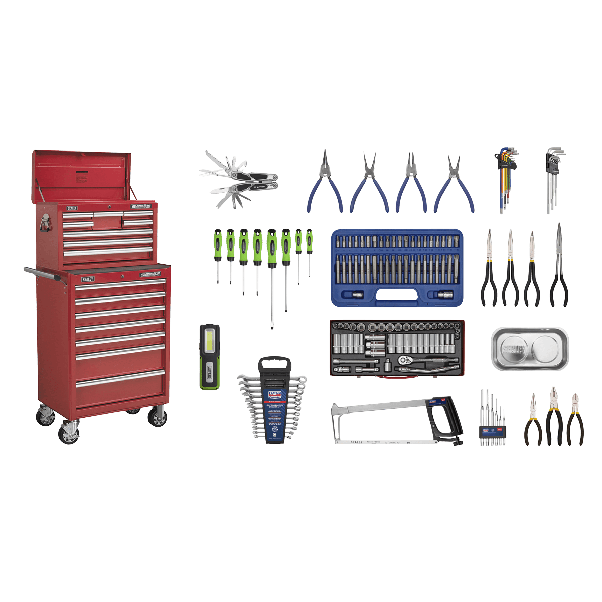 Sealey APCOMBOBBTK57 Superline PRO® Topchest & Rollcab Combination 15 Drawer with 148pc Tool Kit - Red - APCOMBOBBTK57 - Sealey Tools UK - Trade Counter Direct