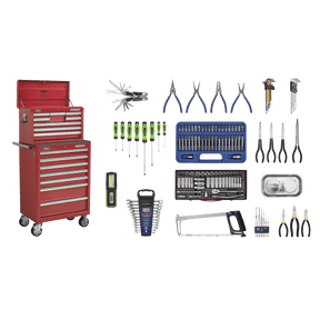 Sealey APCOMBOBBTK57 Superline PRO® Topchest & Rollcab Combination 15 Drawer with 148pc Tool Kit - Red - APCOMBOBBTK57 - Sealey Tools UK - Trade Counter Direct