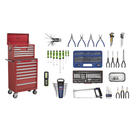 Sealey APCOMBOBBTK57 Superline PRO® Topchest & Rollcab Combination 15 Drawer with 148pc Tool Kit - Red - APCOMBOBBTK57 - Sealey Tools UK - Trade Counter Direct