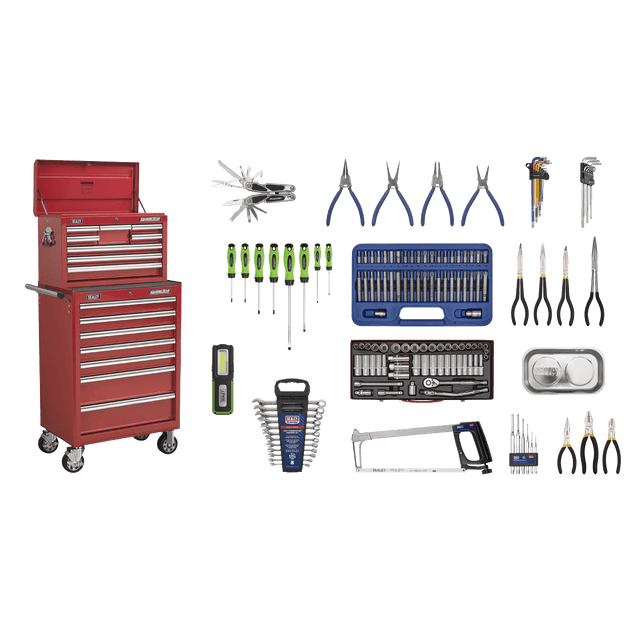 Sealey APCOMBOBBTK57 Superline PRO® Topchest & Rollcab Combination 15 Drawer with 148pc Tool Kit - Red - APCOMBOBBTK57 - Sealey Tools UK - Trade Counter Direct