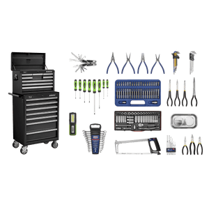 Sealey APCOMBOBBTK58 Superline PRO® Topchest & Rollcab Combination 15 Drawer with 148pc Tool Kit - Black - APCOMBOBBTK58 - Sealey Tools UK - Trade Counter Direct