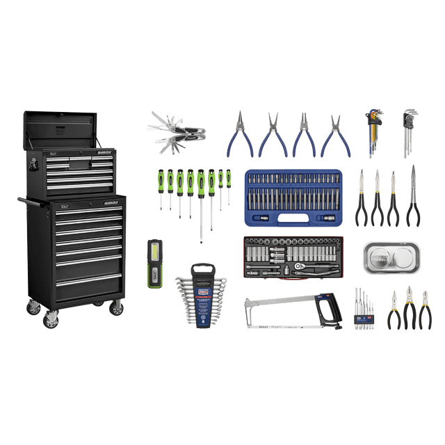 Sealey APCOMBOBBTK58 Superline PRO® Topchest & Rollcab Combination 15 Drawer with 148pc Tool Kit - Black - APCOMBOBBTK58 - Sealey Tools UK - Trade Counter Direct