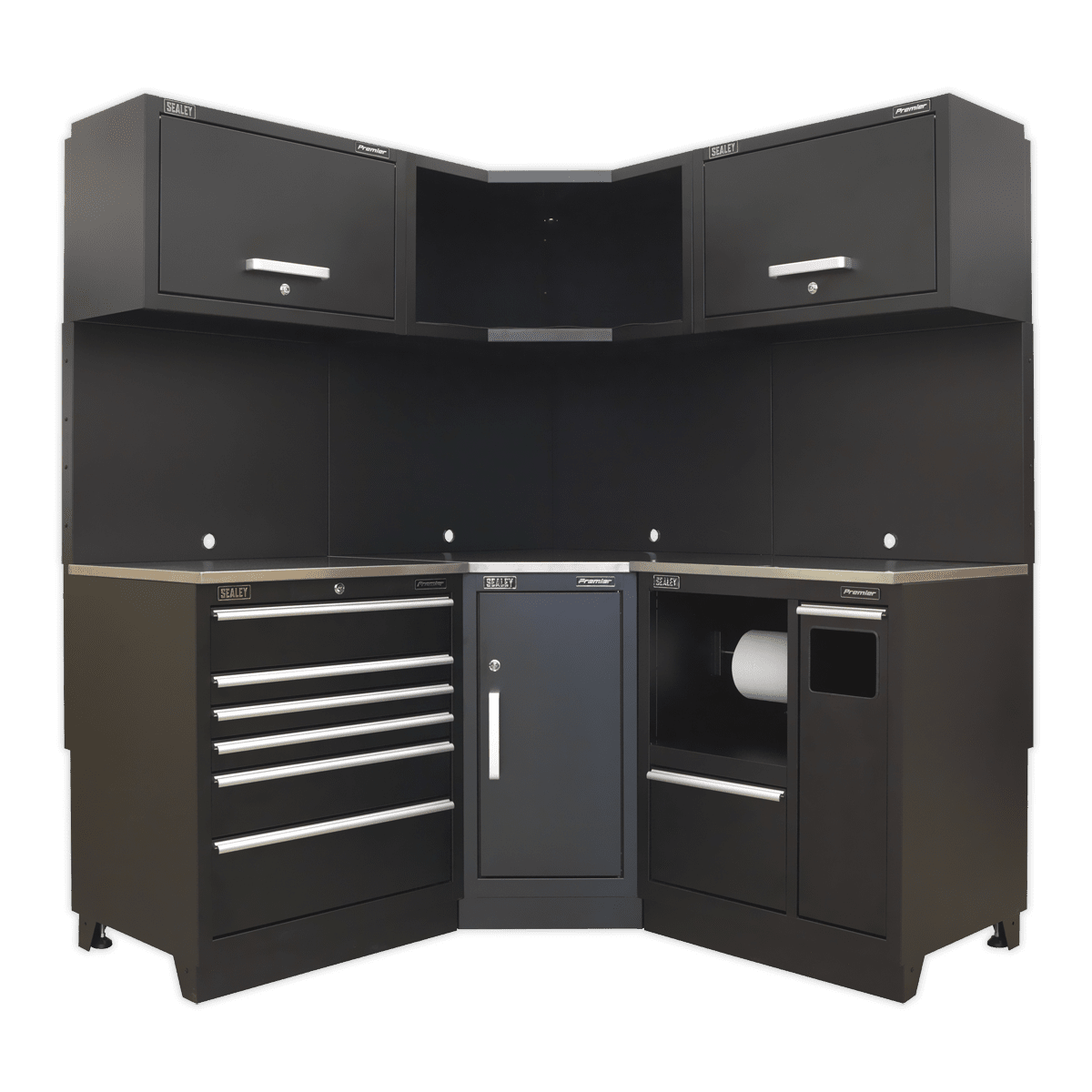 Sealey APMSCOMBO6SS Premier 1.7m Corner Storage System - Stainless Worktop - APMSCOMBO6SS - Sealey Tools UK - Trade Counter Direct
