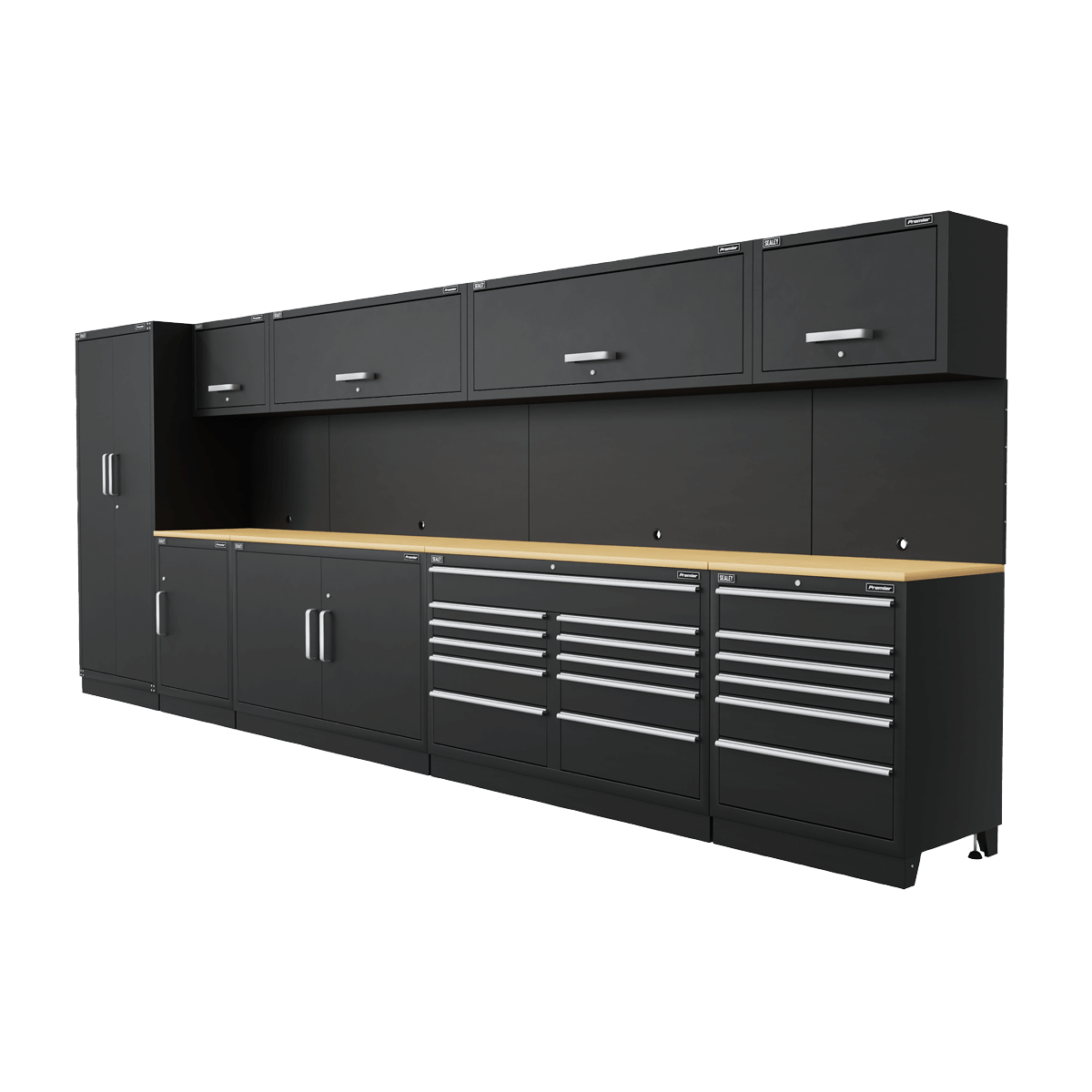 Sealey APMSOAK Premier™ Storage System with Hardwood Worktop 5.58m - APMSOAK - Sealey Tools UK - Trade Counter Direct
