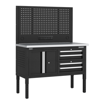 Sealey APMWB50COMBO1SS Superline PRO® Modular Workbench with 4 Drawers & Cupboard Stainless Steel Worktop 1265mm - APMWB50COMBO1SS - Sealey Tools UK - Trade Counter Direct