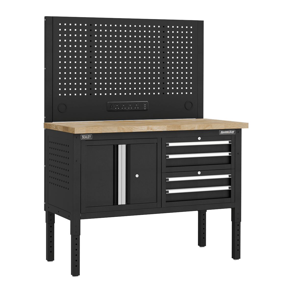 Sealey APMWB50COMBO1W Superline PRO® Modular Workbench with 4 Drawers & Cupboard Wooden Worktop 1265mm - APMWB50COMBO1W - Sealey Tools UK - Trade Counter Direct