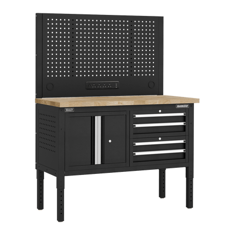 Sealey APMWB50COMBO1W Superline PRO® Modular Workbench with 4 Drawers & Cupboard Wooden Worktop 1265mm - APMWB50COMBO1W - Sealey Tools UK - Trade Counter Direct