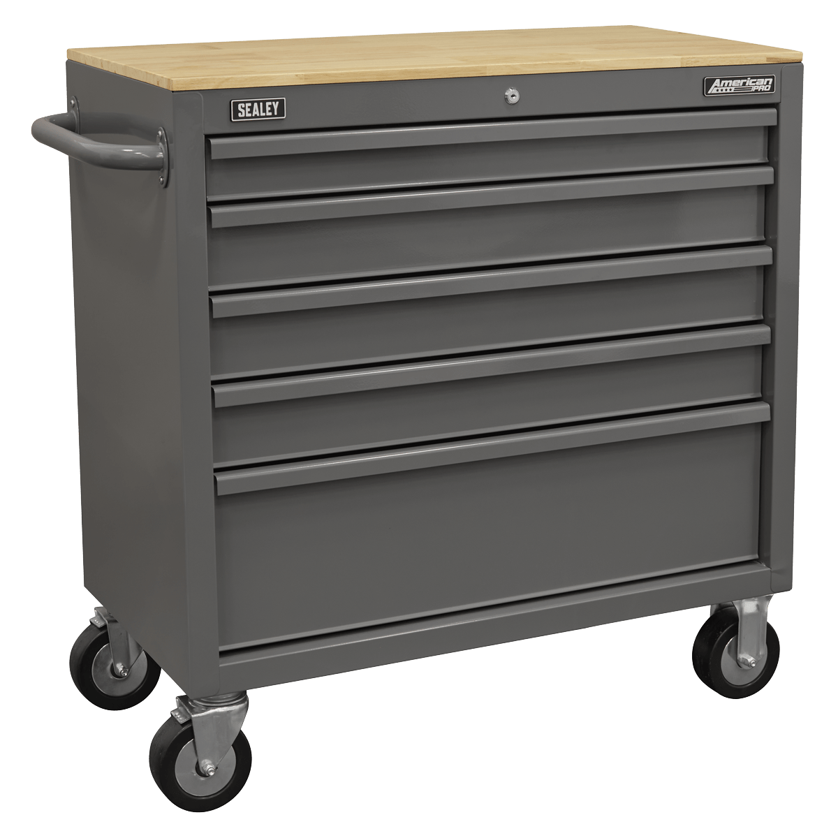 Sealey APMWS1G American PRO® Mobile Workstation with Wooden Worktop 5 Drawer - Grey - APMWS1G - Sealey Tools UK - Trade Counter Direct