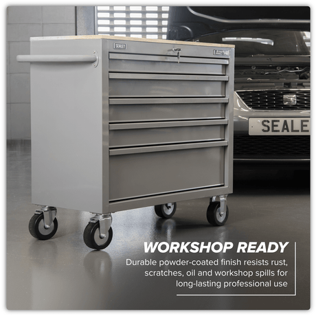 Sealey APMWS1G American PRO® Mobile Workstation with Wooden Worktop 5 Drawer - Grey - APMWS1G - Sealey Tools UK - Trade Counter Direct