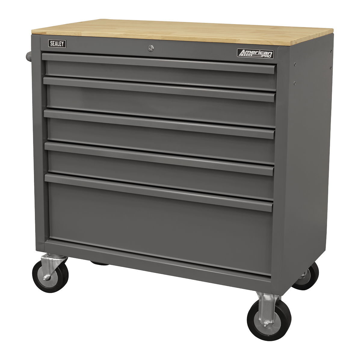 Sealey APMWS1G American PRO® Mobile Workstation with Wooden Worktop 5 Drawer - Grey - APMWS1G - Sealey Tools UK - Trade Counter Direct