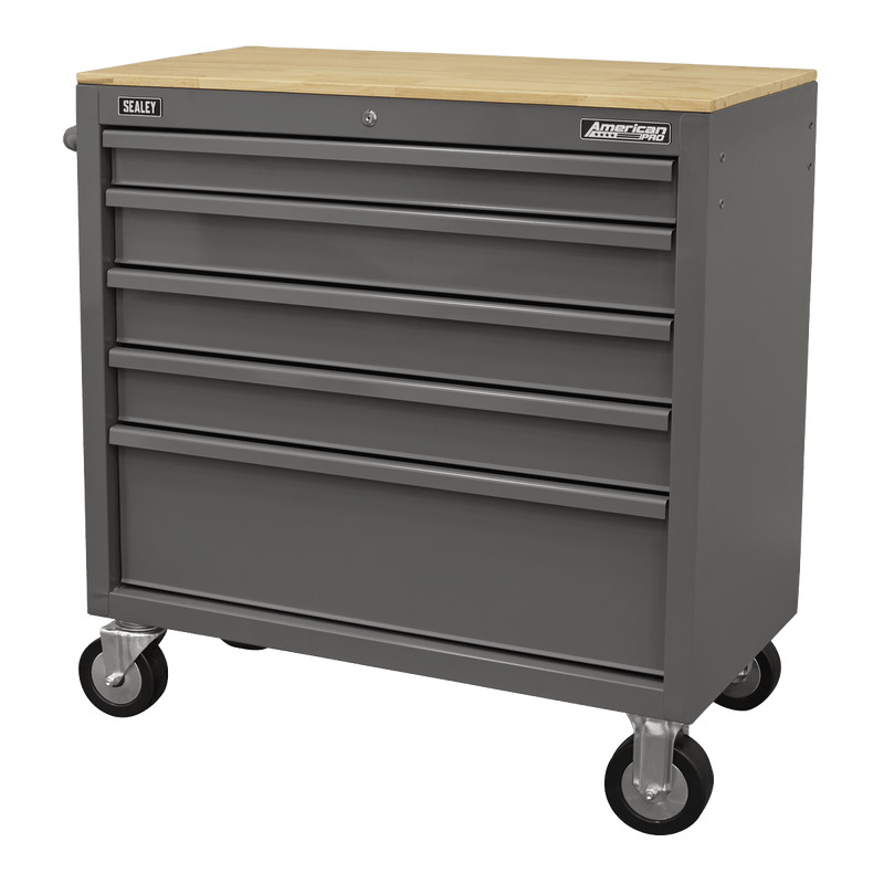 Sealey APMWS1G American PRO® Mobile Workstation with Wooden Worktop 5 Drawer - Grey - APMWS1G - Sealey Tools UK - Trade Counter Direct