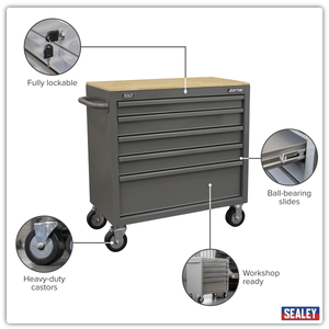 Sealey APMWS1G American PRO® Mobile Workstation with Wooden Worktop 5 Drawer - Grey - APMWS1G - Sealey Tools UK - Trade Counter Direct