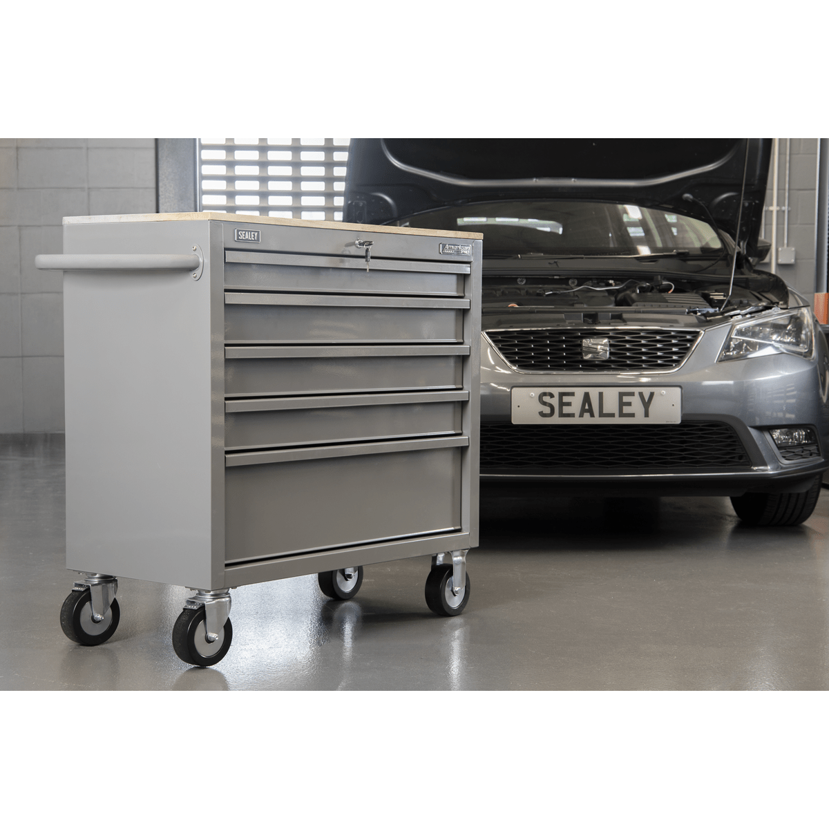 Sealey APMWS1G American PRO® Mobile Workstation with Wooden Worktop 5 Drawer - Grey - APMWS1G - Sealey Tools UK - Trade Counter Direct