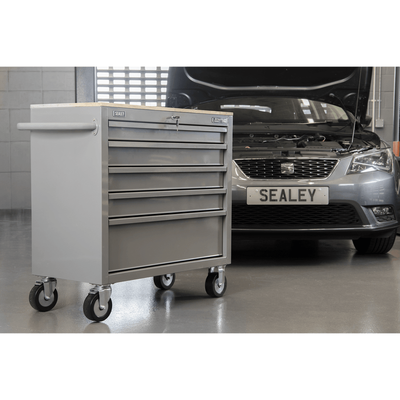 Sealey APMWS1G American PRO® Mobile Workstation with Wooden Worktop 5 Drawer - Grey - APMWS1G - Sealey Tools UK - Trade Counter Direct