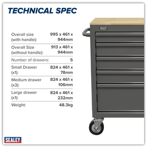 Sealey APMWS1G American PRO® Mobile Workstation with Wooden Worktop 5 Drawer - Grey - APMWS1G - Sealey Tools UK - Trade Counter Direct