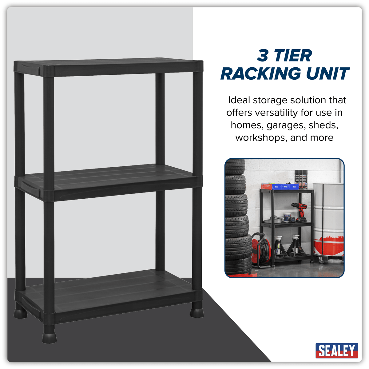 Sealey APPR3 Plastic Racking Unit with 3 Shelves 25kg Capacity Per Level - APPR3 - Sealey Tools UK - Trade Counter Direct
