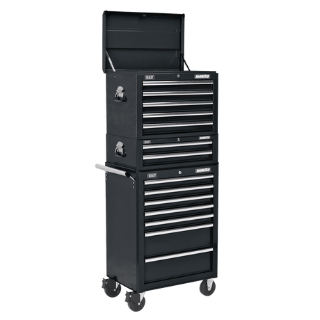 Sealey APSTACKTB Superline PRO® Topchest, Mid-Box Tool Chest & Rollcab Combination 14 Drawer - Black - APSTACKTB - Sealey Tools UK - Trade Counter Direct