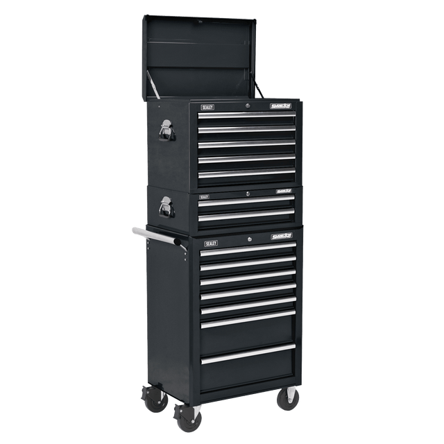 Sealey APSTACKTB Superline PRO® Topchest, Mid-Box Tool Chest & Rollcab Combination 14 Drawer - Black - APSTACKTB - Sealey Tools UK - Trade Counter Direct