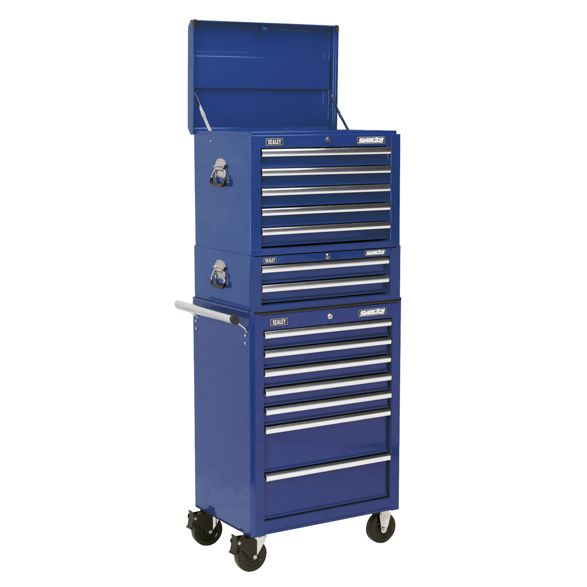Sealey APSTACKTC Superline PRO® Topchest, Mid-Box Tool Chest & Rollcab Combination 14 Drawer - Blue - APSTACKTC - Sealey Tools UK - Trade Counter Direct