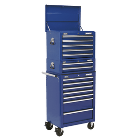 Sealey APSTACKTC Superline PRO® Topchest, Mid-Box Tool Chest & Rollcab Combination 14 Drawer - Blue - APSTACKTC - Sealey Tools UK - Trade Counter Direct