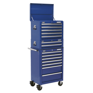 Sealey APSTACKTC Superline PRO® Topchest, Mid-Box Tool Chest & Rollcab Combination 14 Drawer - Blue - APSTACKTC - Sealey Tools UK - Trade Counter Direct