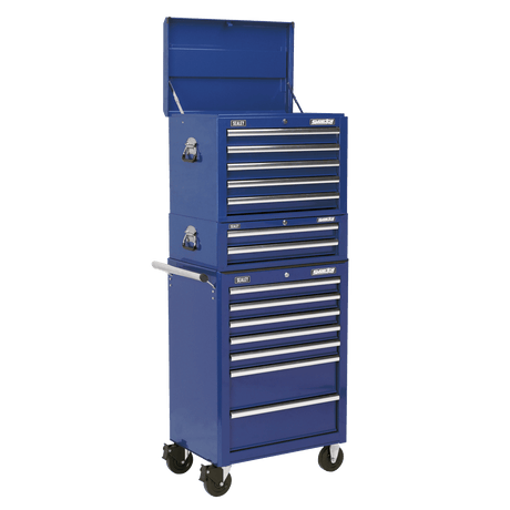 Sealey APSTACKTC Superline PRO® Topchest, Mid-Box Tool Chest & Rollcab Combination 14 Drawer - Blue - APSTACKTC - Sealey Tools UK - Trade Counter Direct