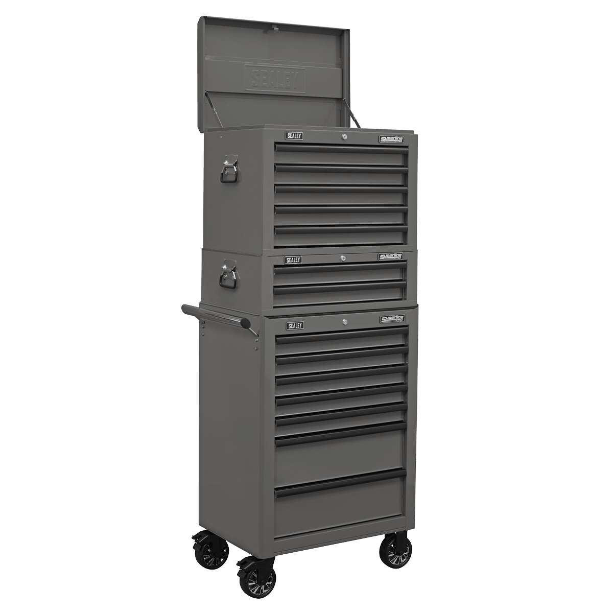 Sealey APSTACKTGR Superline PRO® Topchest, Mid-Box Tool Chest & Rollcab Combination 14 Drawer - Grey - APSTACKTGR - Sealey Tools UK - Trade Counter Direct