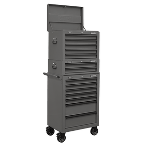 Sealey APSTACKTGR Superline PRO® Topchest, Mid-Box Tool Chest & Rollcab Combination 14 Drawer - Grey - APSTACKTGR - Sealey Tools UK - Trade Counter Direct
