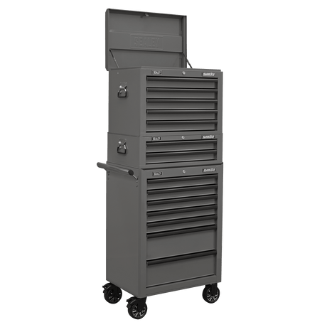 Sealey APSTACKTGR Superline PRO® Topchest, Mid-Box Tool Chest & Rollcab Combination 14 Drawer - Grey - APSTACKTGR - Sealey Tools UK - Trade Counter Direct