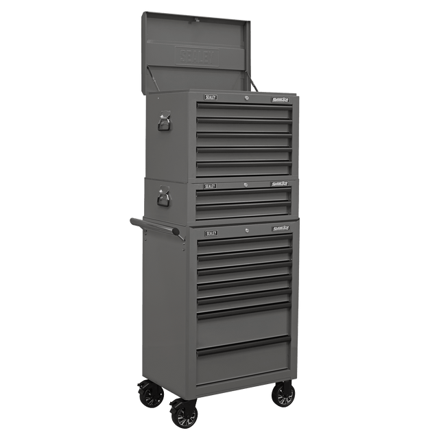 Sealey APSTACKTGR Superline PRO® Topchest, Mid-Box Tool Chest & Rollcab Combination 14 Drawer - Grey - APSTACKTGR - Sealey Tools UK - Trade Counter Direct